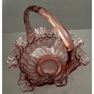 Fenton Cranberry Pink Basket Ruffled Edge Glass Applied Handle Thumbprint VTG